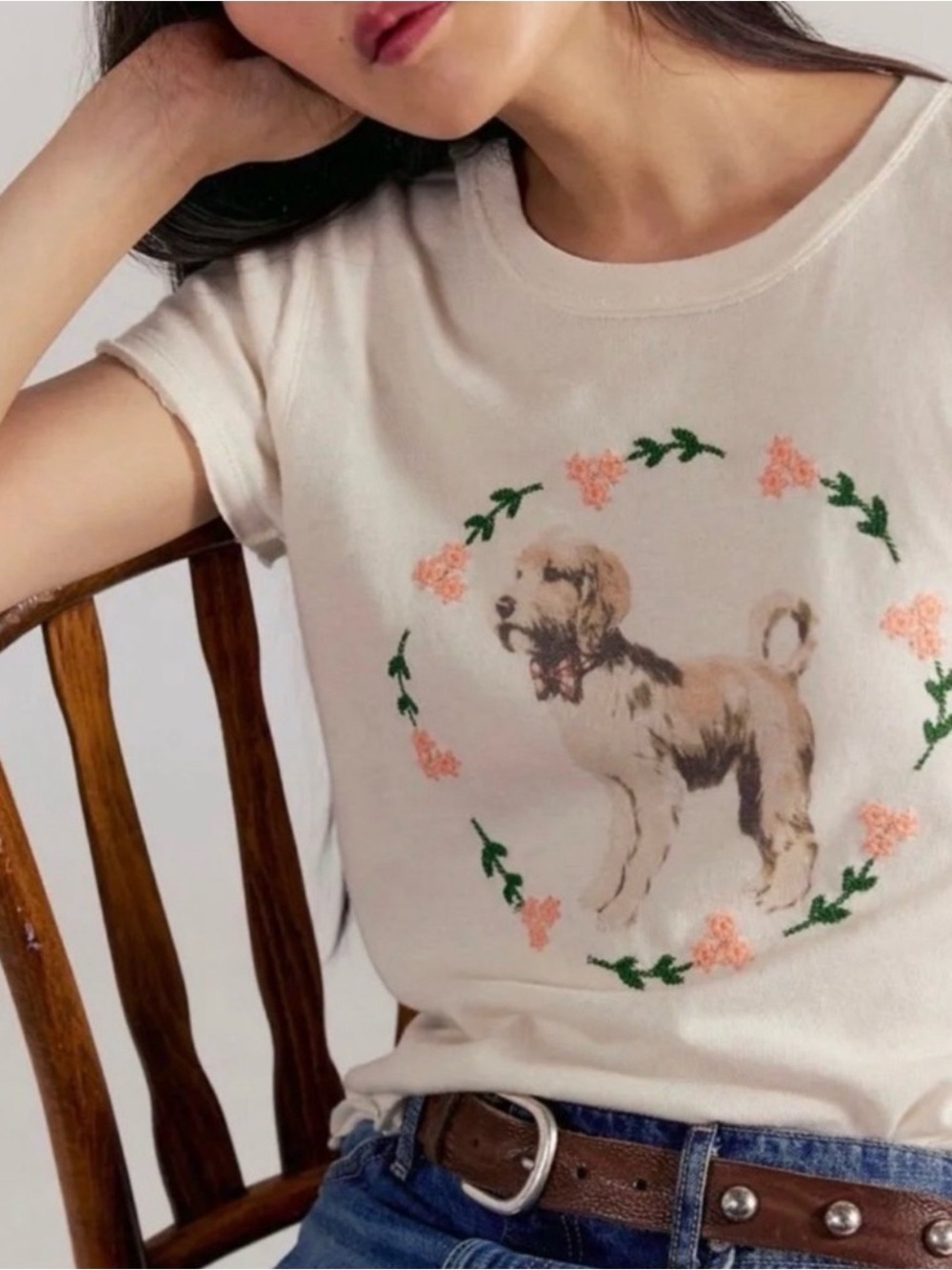 Free People We The Free Fur Friend Embroidered Dog Tee Doodle Ivory Size L NWT